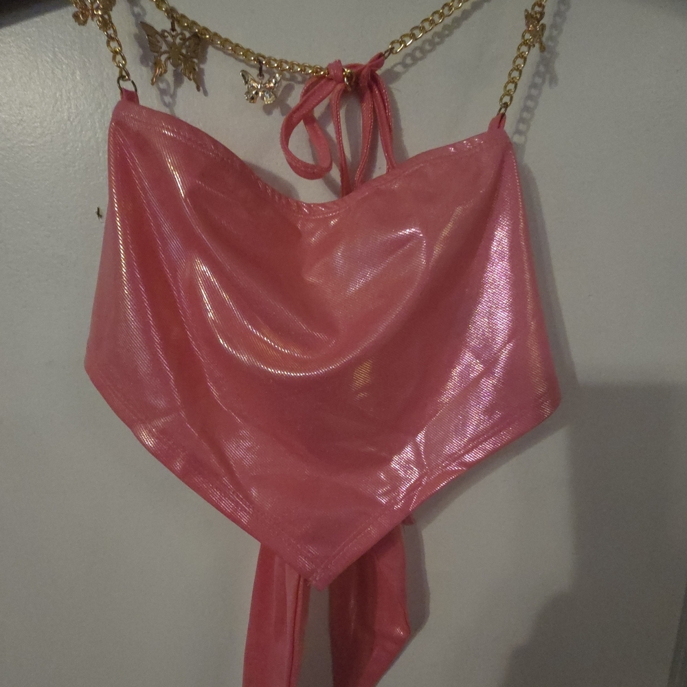 SHEIN Pink Halter Top with Gold Chain Accents